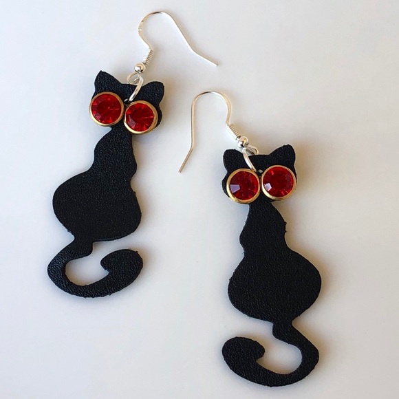 Cat Earrings Vegan Leather Rhinestone Black NEW - Picture 3 of 6
